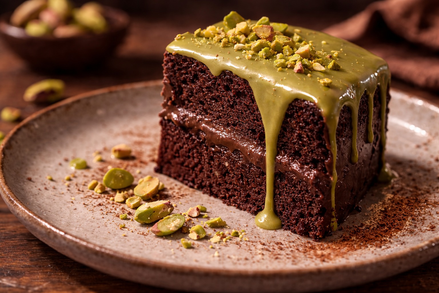 Bolo de Chocolate Intenso com Calda de Pistache